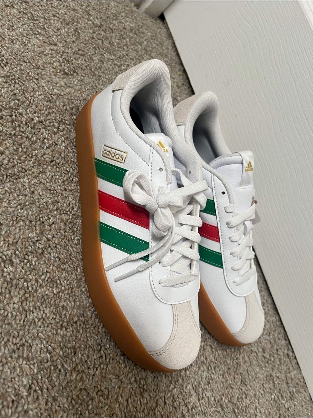 adidas White Sneakers with Green & Red Stripes and Gum Sole
